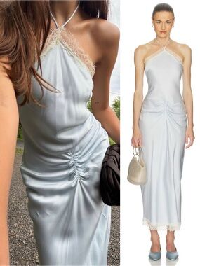 HELSA Viscose Satin Lace Trimmed Halter Dress Baby Blue